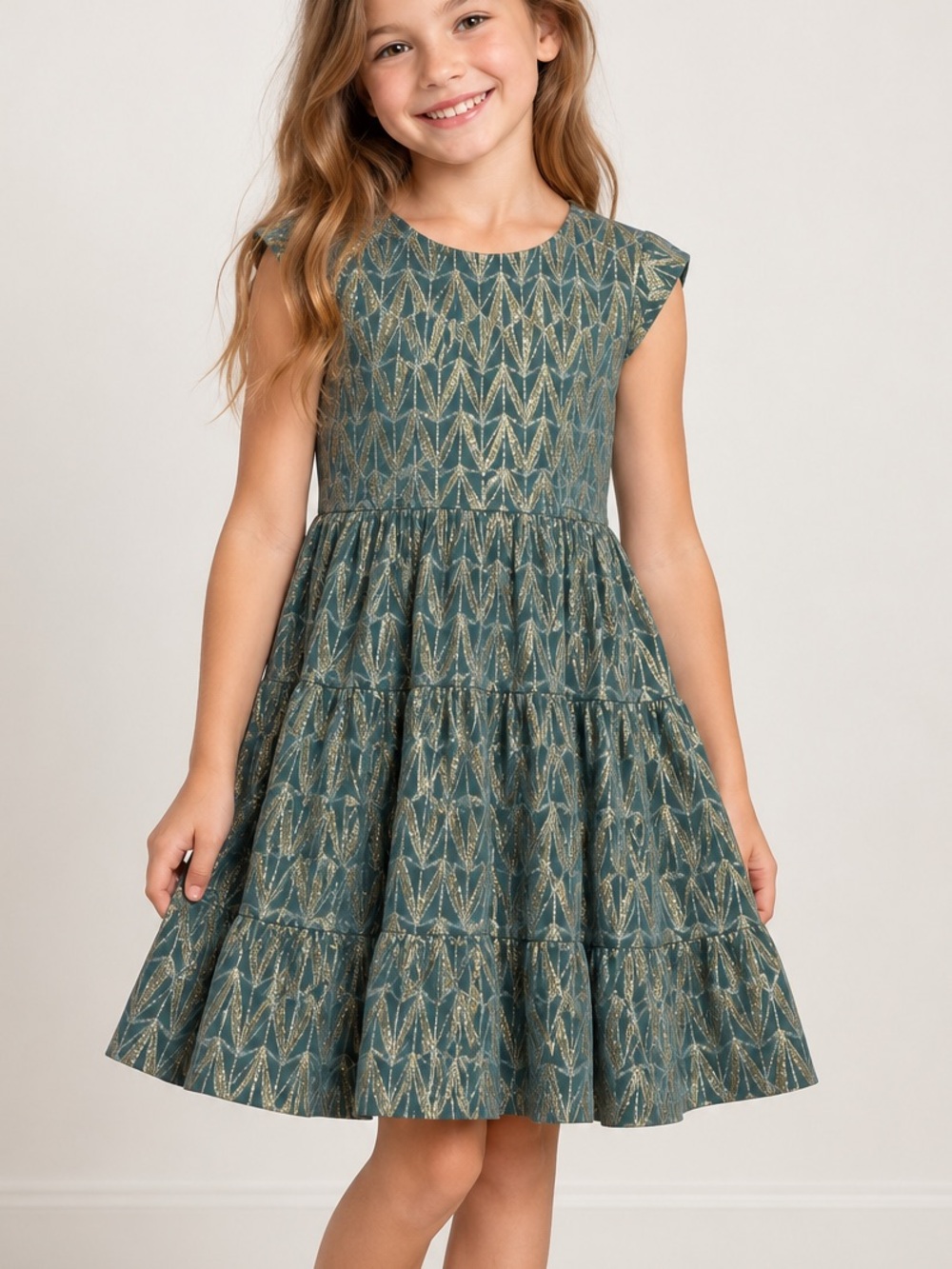 Pink Chicken Girls 8Y Metallic Gold Tiered Dress Green Holiday Party